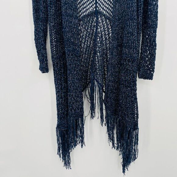 Chico's Size Small Navy Blue Metallic Knit Artisan Fringe Sloane Cardigan - Picture 3 of 7